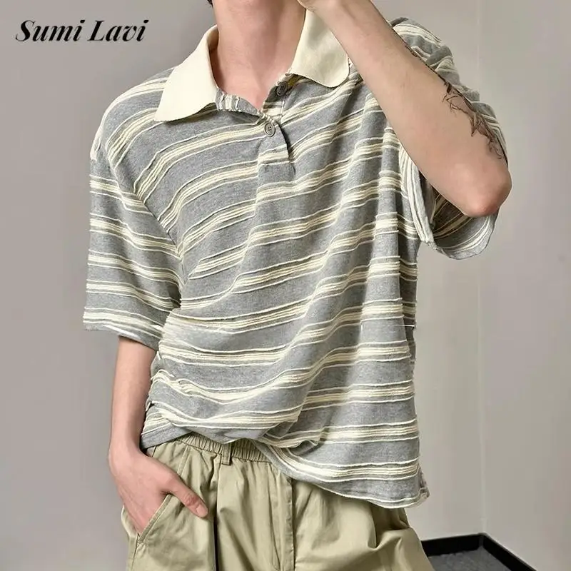 Daily Casual Mens Short Sleeve Slim Polo Shirts Vintage Striped Crochet Knitted Polo Shirt Men Summer Leisure Button Lapel Polos