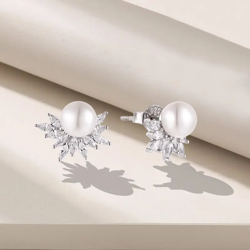 Light luxury zircon inlaid natural freshwater pearl earrings 925 Sterling silver jewelry