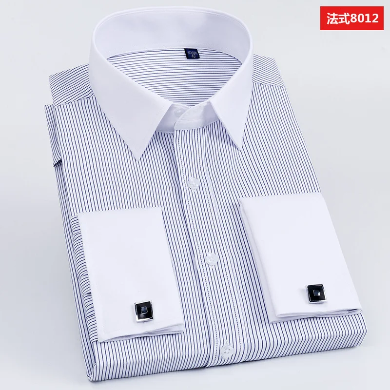 Men's French Cufflink Shirt Yellow Stripe Long Sleeve Dress Leader Nailed Wedding White Collar Lining Korean Edition Slim Fit