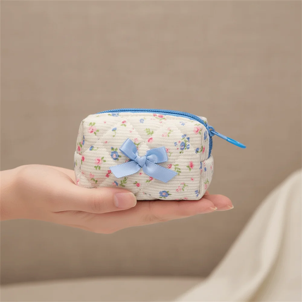 Embroidered Bowknot Mini Makeup Bag Floral Print Quilted Lattice Earphone Storage Case Soft Cotton Puffy Texture