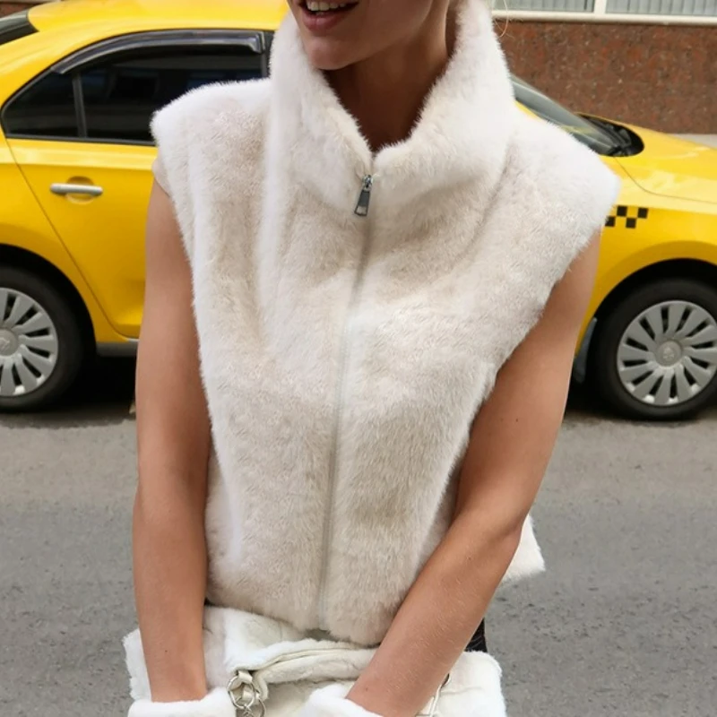 

Новая модная женская зимняя куртка-жилет без рукавов на молнии, однотонная, из искусственного меха норки, с высоким воротником, свободного кроя, для трансграничной торговли, Зима 2026
