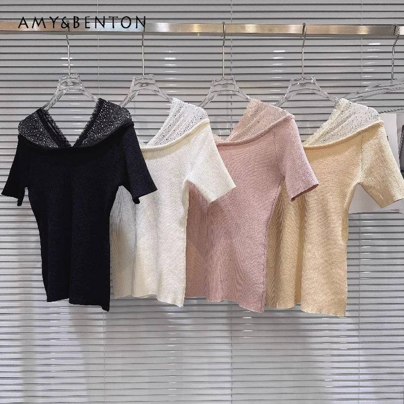 

Women's Elegant Off Shoulder Knit Top Sparkly Rhinestone Sheer Mesh Splicing Short Sleeve Slimming Casual Summer Party T-Shirt