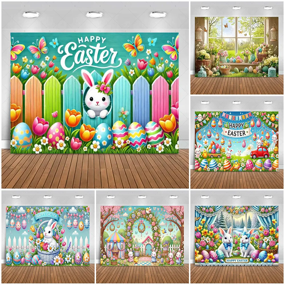 

Happy Easter Background Banner Garden Fence Rabbit Bunny Easter Eggs Backdrop Supplies Home Party Decoration Photography Prop