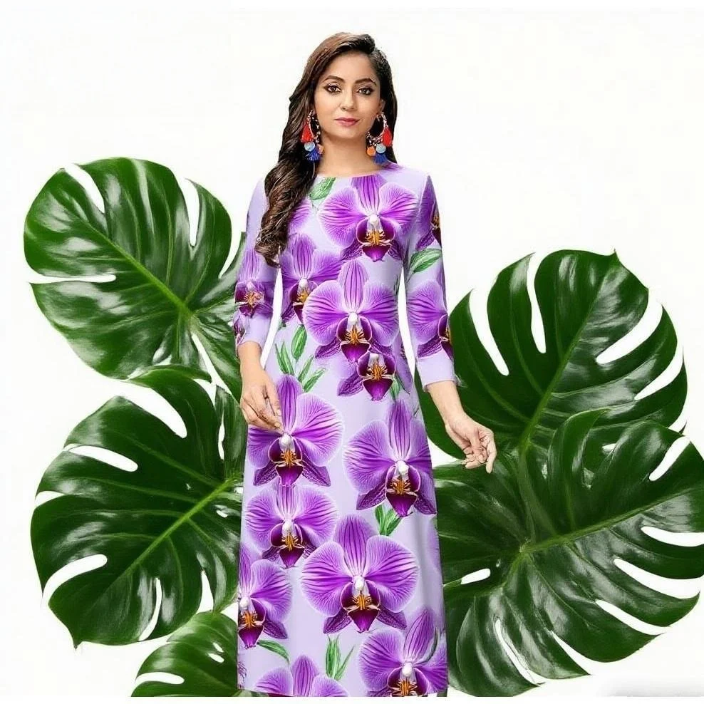 فستان نسائي مسلم كورت عصري ومريح مع أنبوب مستقيم وزهور على الطراز الوطني Musluman Bayan Elbise