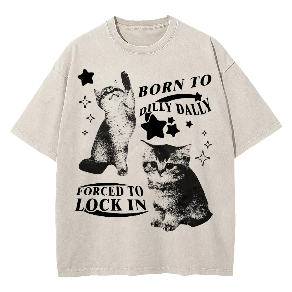 

Футболка унисекс оверсайз из 100% хлопка с винтажным эффектом, принтом Y2K и забавным кошачьим мемом, модная, с эффектом кислотной стирки