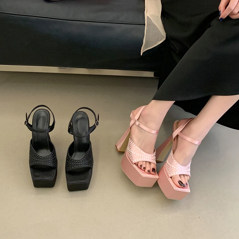 15cm Chunky Platform Shoes Pink High Heels Sandals For Woman Summer Ladies Party Shoes Fashion Pearl Heeled Sandals Big Size 41