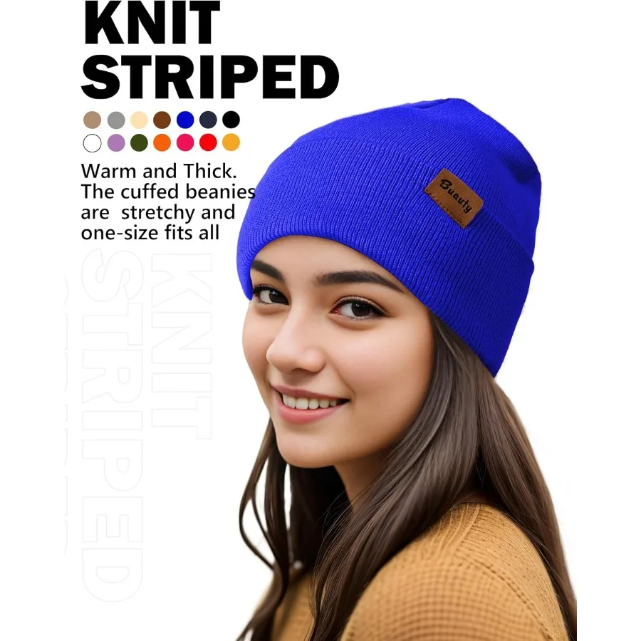 Beanie Hats for Men Women Knit Winter Hat Warm Skull Stocking Cap Striped Snow Hat Heated Cuffed Beanie