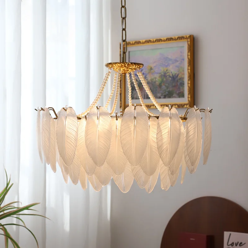 

Home Decoration Luxury Glass Chandeliers White Feather Hanging Pendant Lights Living Dining Room Bedroom Luminaires Lustre Lamps