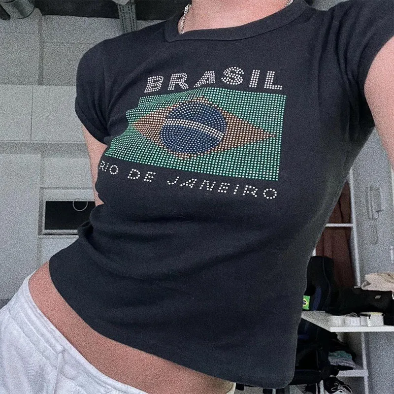Y2k Mode Frau Bluse 2023 Sommer Frauen Crop Tops Brasil Strass Grafik T Shirts Frau Kleidung O Hals Kurzarm neue
