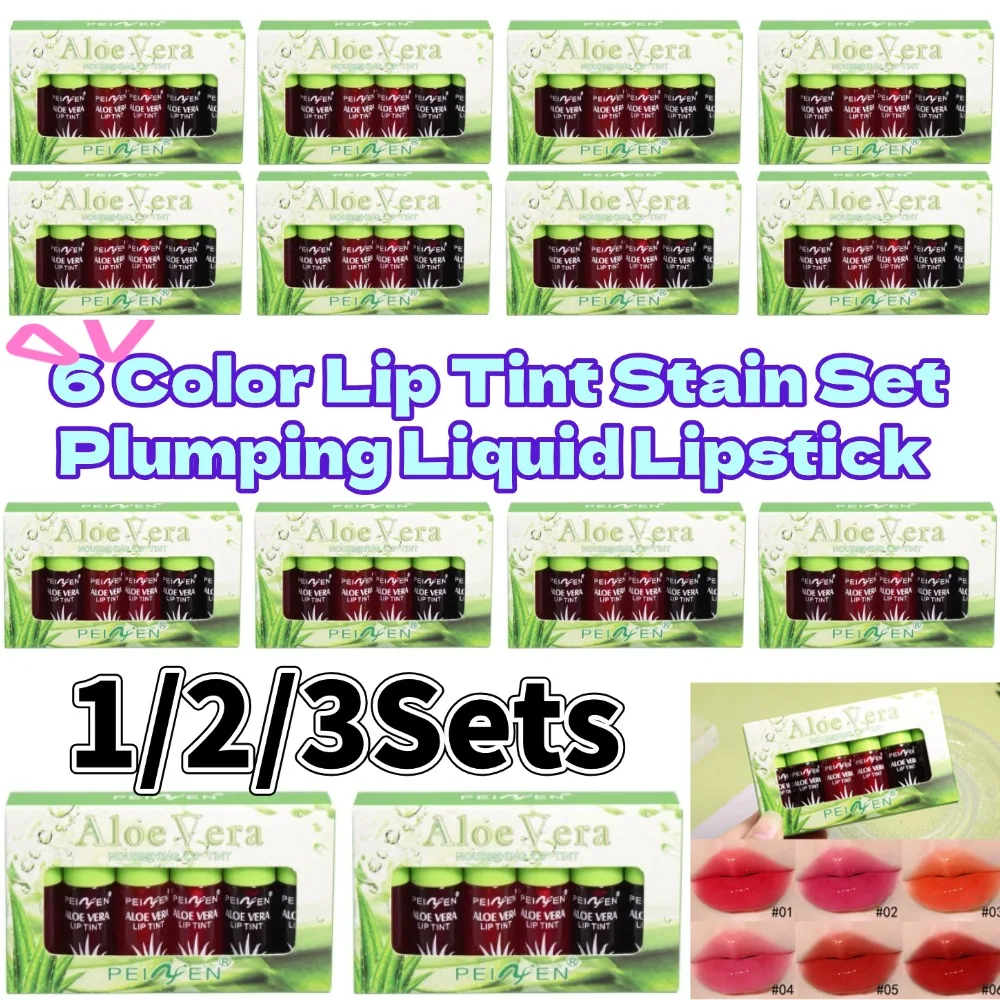 6 Color Lip Tint Stain Set Plumping Liquid Lipstick Aloe Vera Watery Lip Stain Lip Gloss Multi-use Moisturizing Lip & Cheek Tint