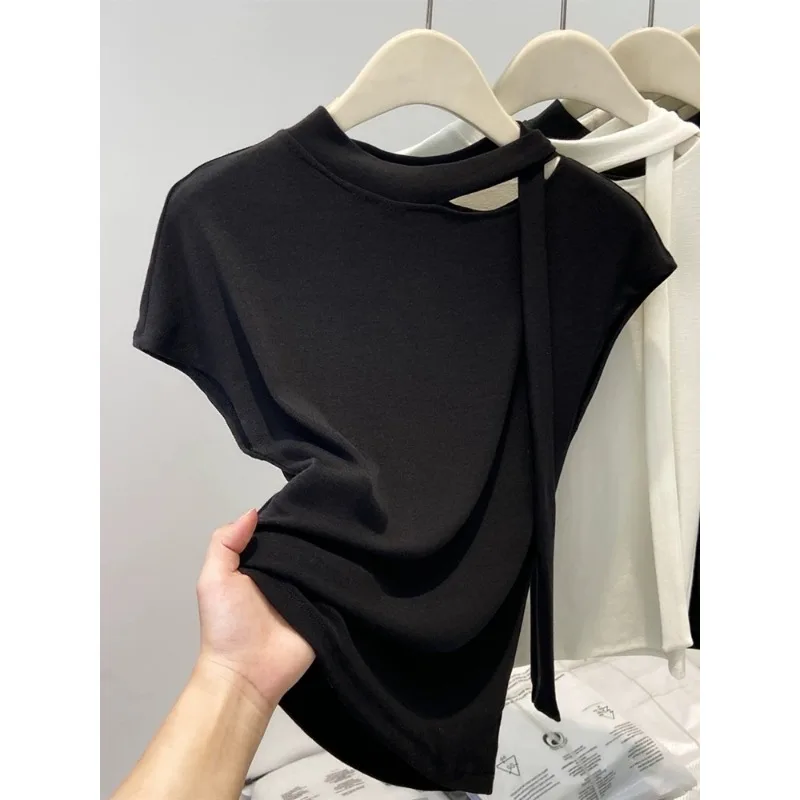 Korean Fashion Round Neck Streamer White Short-sleeved T-shirt Women's Summer New Slim-fit Solid Color Versatile Holiday Top