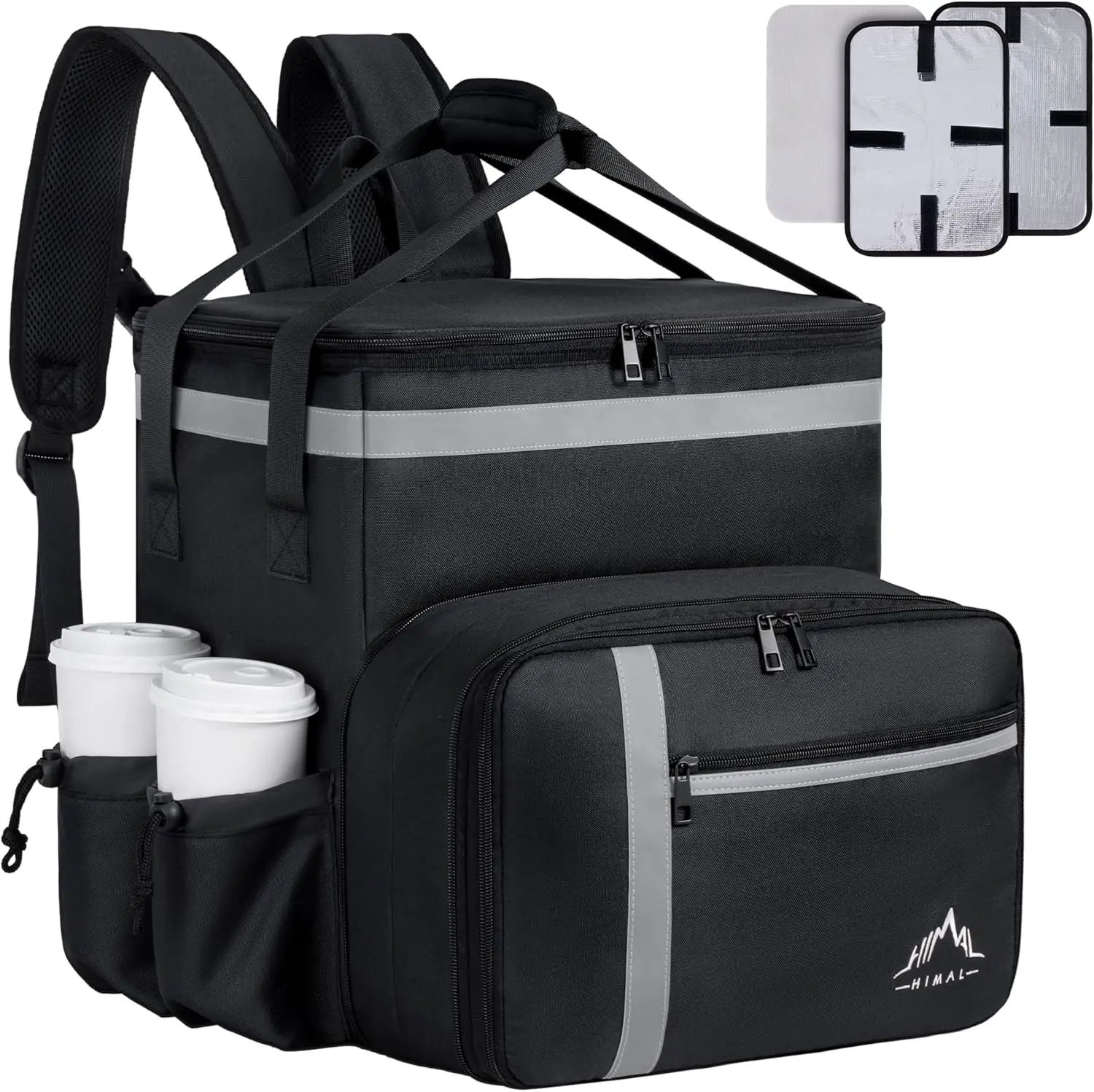 Insulated Food Delivery Backpack for Bike, Large Pizza Takeout Bag with 4 Pockets Reflective Strips for Uber Eats, Camping &