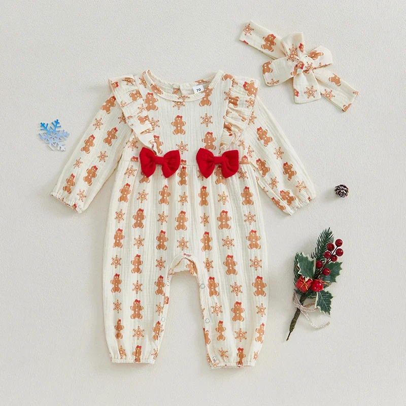 Gingerbread Man Print Baby Girls Romper with Headband