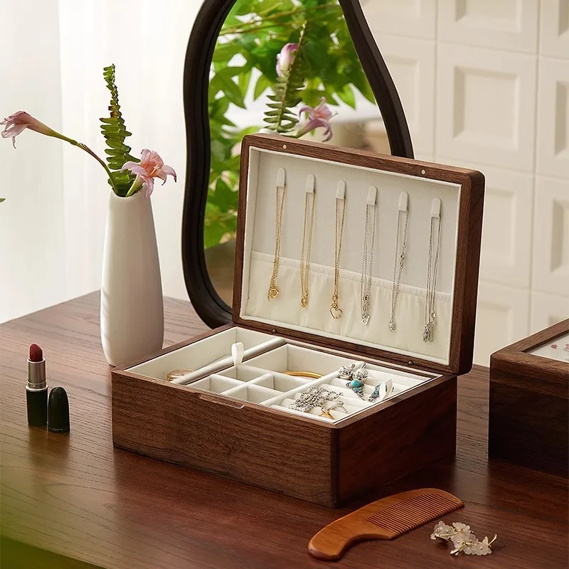 

Шкатулка для драгоценностей с вышивкой из цельного дерева, двухслойные коробки для хранения ювелирных изделий, винтажный органайзер для обручальных колец, сережек, ожерелья