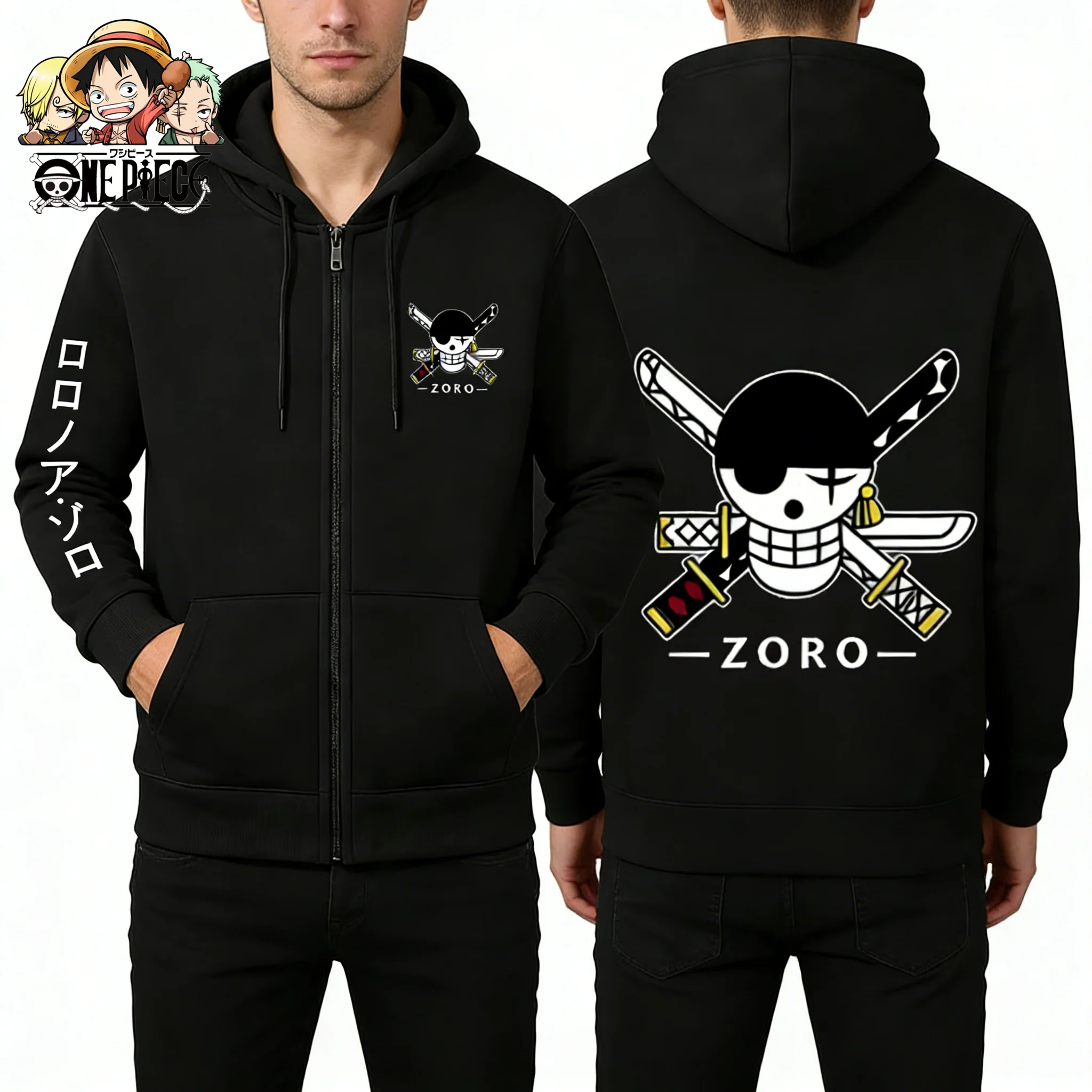 

Unisex 2026 One Piece Roronoa Zoro Skull Graphic Print Oversized Zip Up Hoodie Men Women Cotton Casual Streetwear Pullover Tops