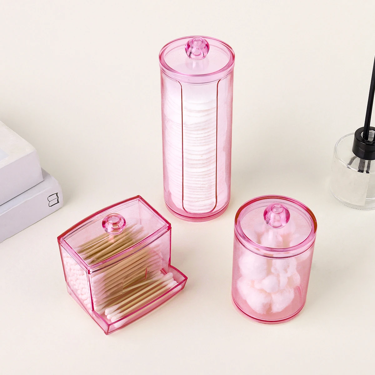 1/3 Pcs Acrylic Qtip Holder with Lid Clear Pink Cotton Pad Holder Bathroom Makeup Organizers Containers Storage Box