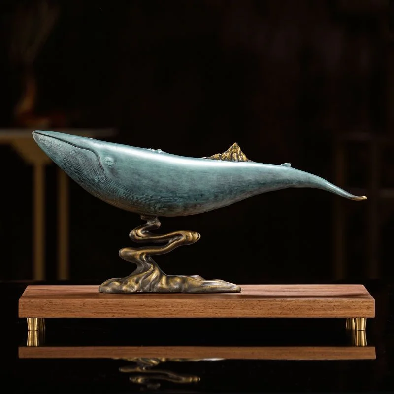 Brass Whale Ornament with Wooden Rack, Home Living Room, Wine Cabinet, Office Desktop Decoration, Housewarming Opening Gift