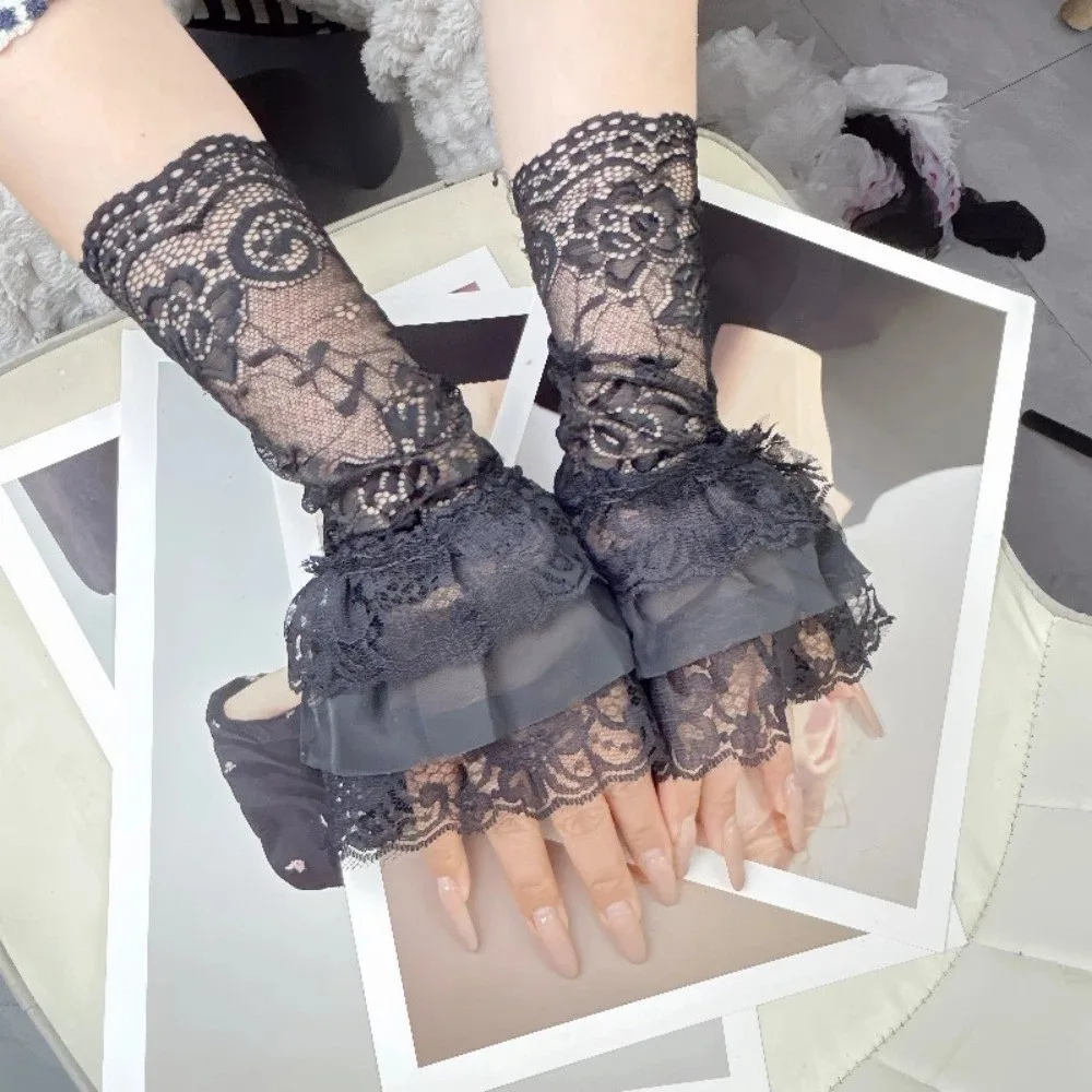 

Ruched Pleated Detachable Cuffs 3 Layers Ballet Style Lace Fake Sleeves Cuff Fingerless Gloves Lolita False Cuffs Cosplay