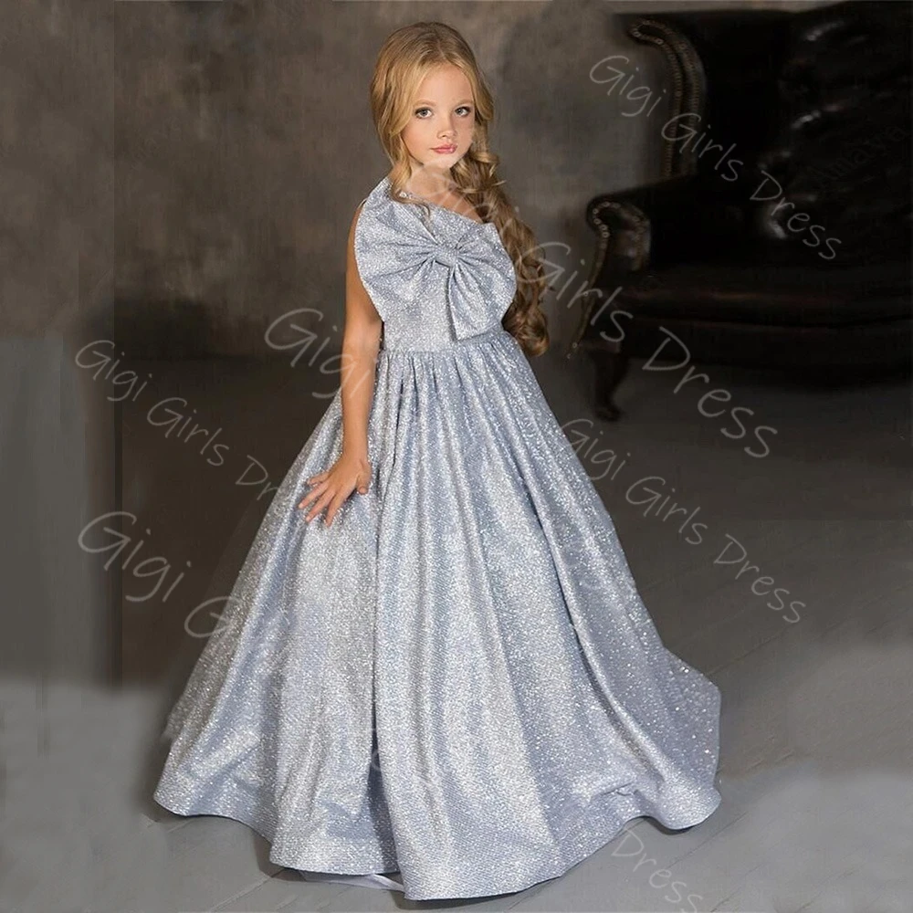 Блестящее пышное платье принцессы для девочек на одно плечо, атласное платье с цветочным узором для девочек на свадьбу, детское платье для дня рождения с бантом