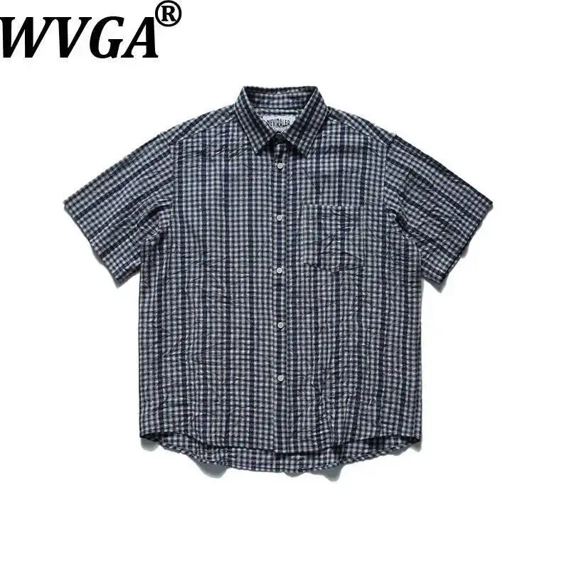 

WVGA Summer New Men's Wrinkled Design Trendy Short Sleeve Shirt Niche Chic Casual Turn-Down Collar Plaid Design Thin Tops W24042
