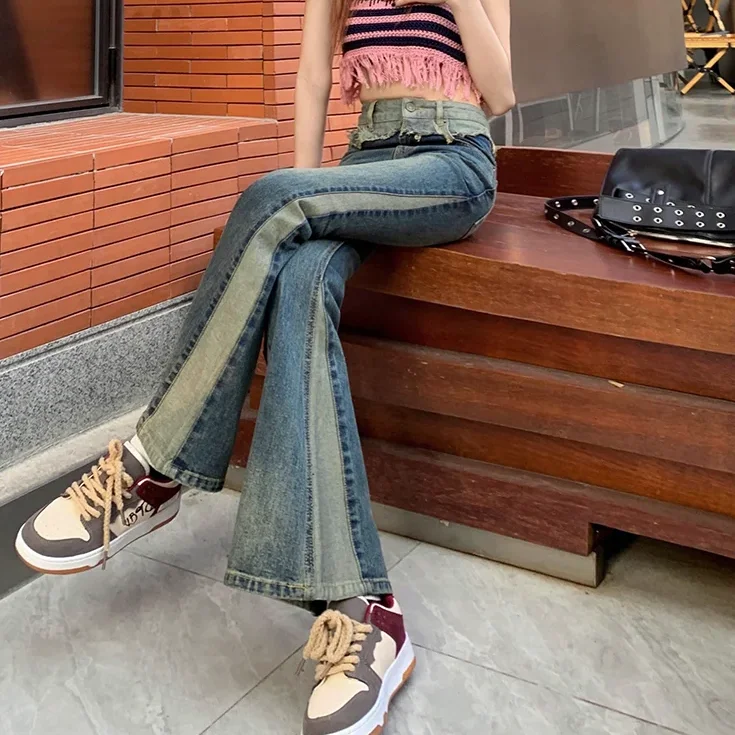 

Джинсы для девочек, винтажные лоскутные Y2K, модные весенне-летние хлопковые женские джинсы-клеш