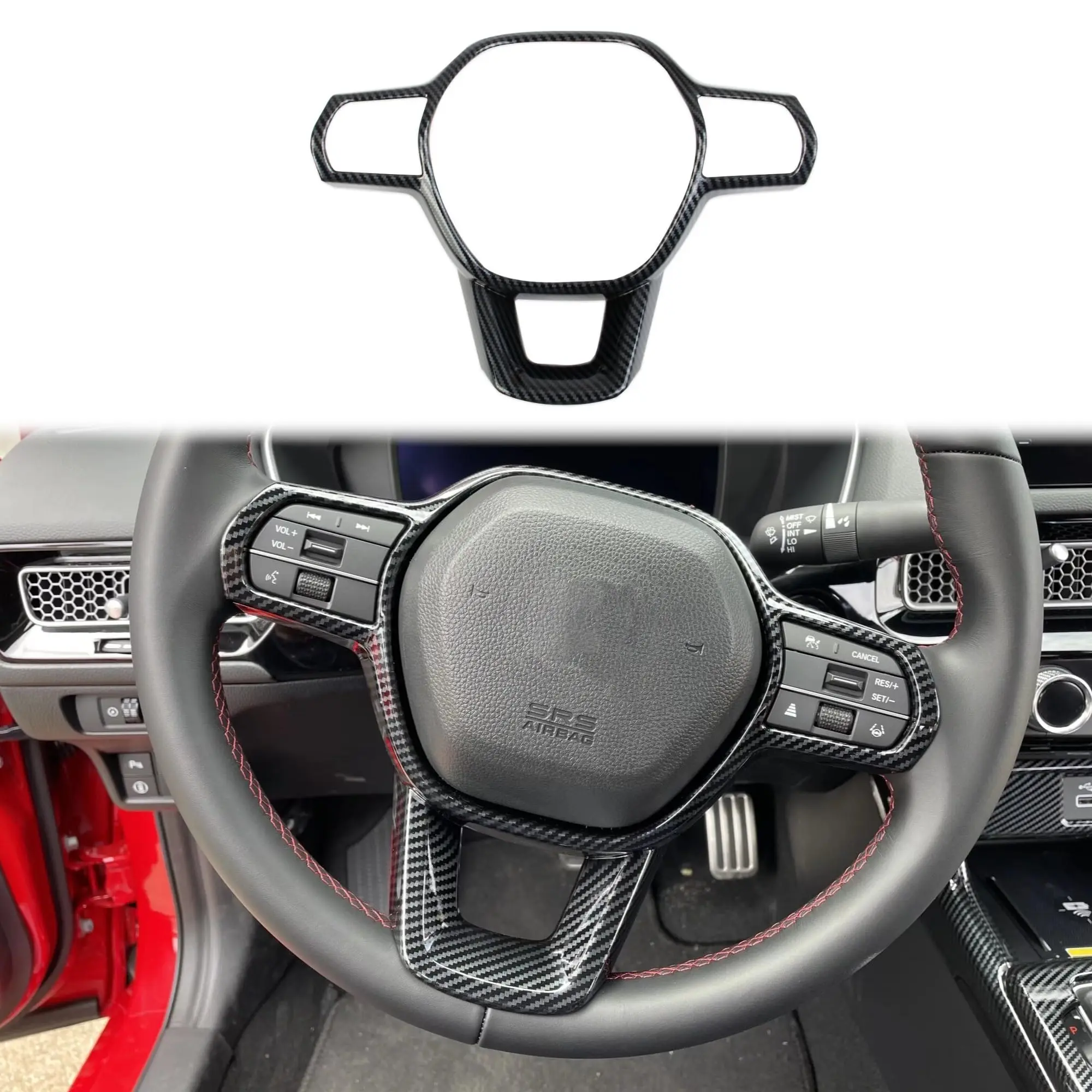 

Carbon Fiber Car Steering Wheel Cover Molding Trims Red Style for 11th Honda Civic 22-25 Accord HR-V CR-V 23-25 Acura Integra
