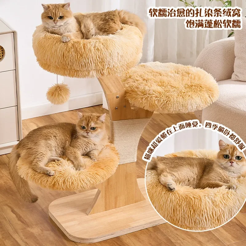 Solid Wood Multi Layer Cat Tree Climbing Frame with Nest Integrated Jumping Platform Shelf for Small Apartment Household Pets