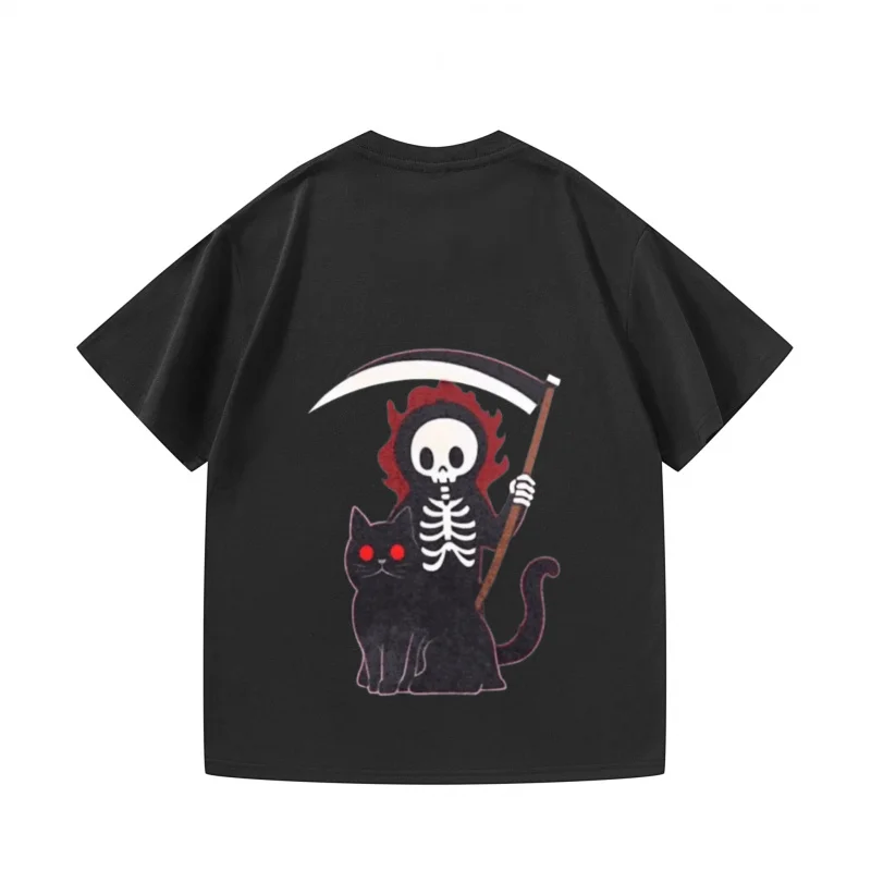 تي شيرت رجالي أسود Grim Reaper & Cat مطبوع كاجوال لحفلات الهالوين قمة الموضة