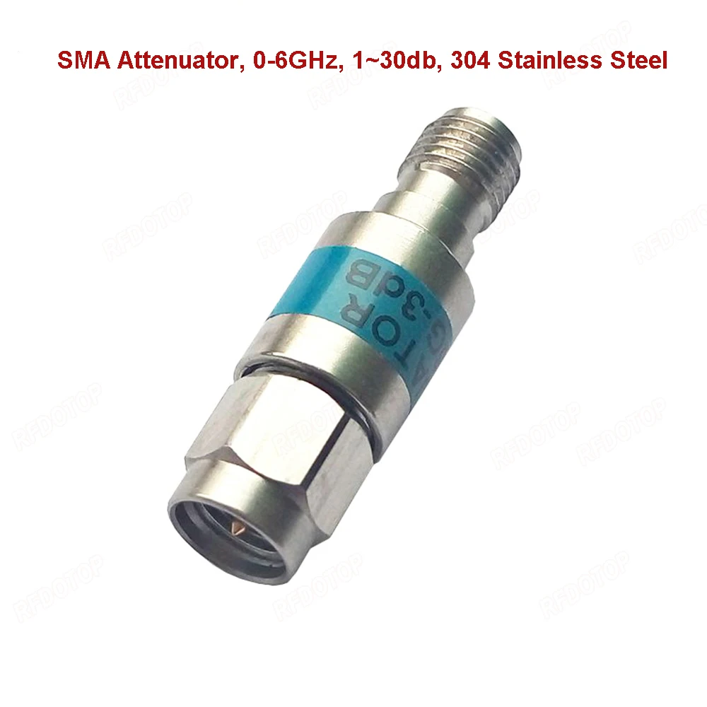 2W DC-6GHz, SMA Male to SMA Female Coaxial RF Attenuator 1~30db Attenuator SMA Fixed Connectors 304 Stainless Steel 50 Ohm