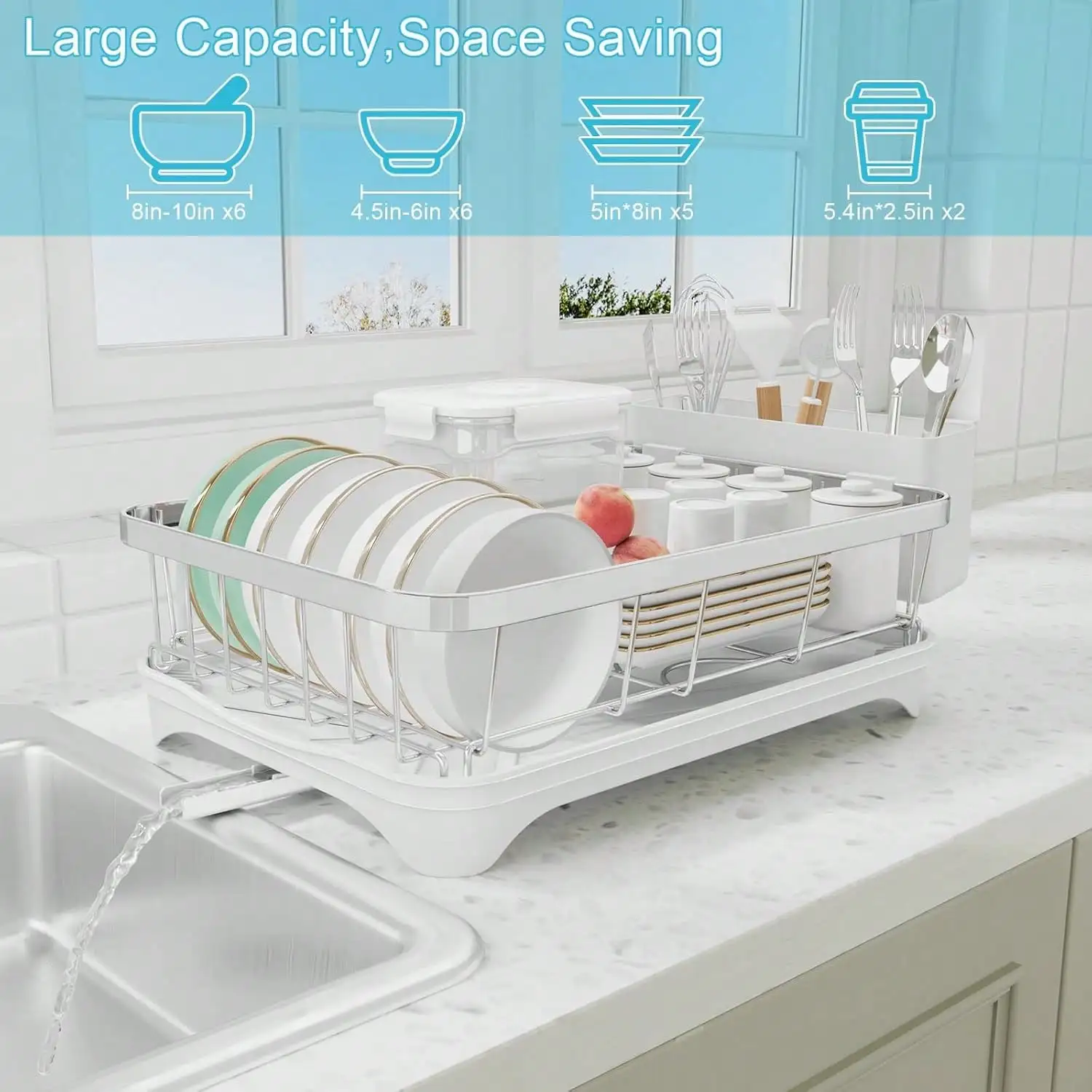 304 스테인리스 자동 배수 식기 건조대 배수판으로 공간 절약—그릇/컵/접시를 위한 대용량.