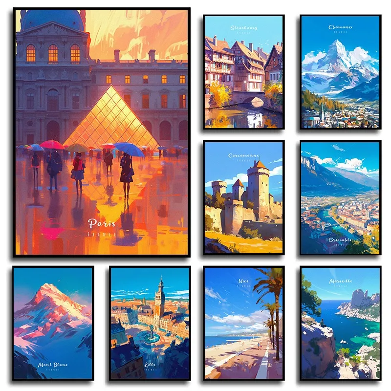 Paisaje De ciudad De Francia, Torre Eiffel De París, Castillo De Carcassonne, Verdon Gorge Grenoble, póster De viaje, pintura en lienzo, imagen para el hogar