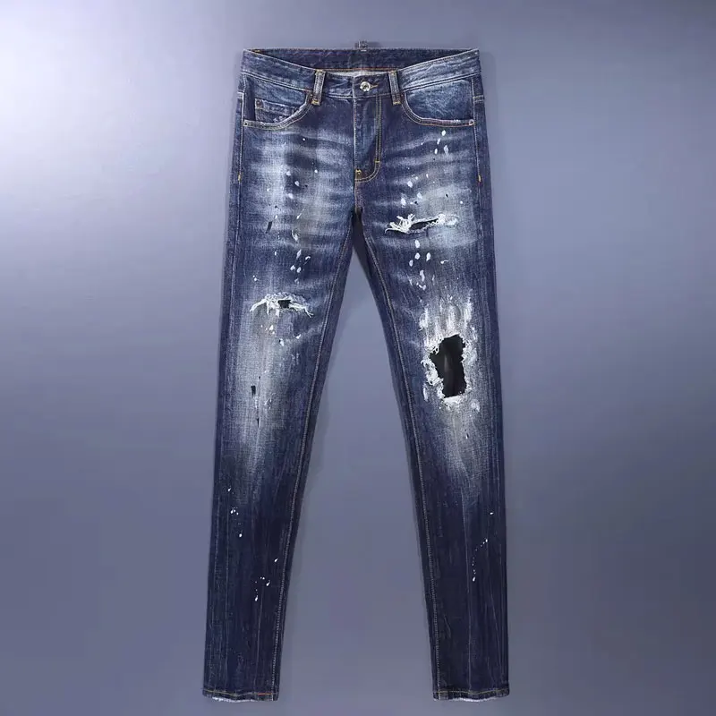 Men Dark‑Blue Tiger‑Stripe Washed Big Frayed Ripped White Paint Splatter Distressed Stretch Skinny Denim Jeans Hip‑Hop Streetwea