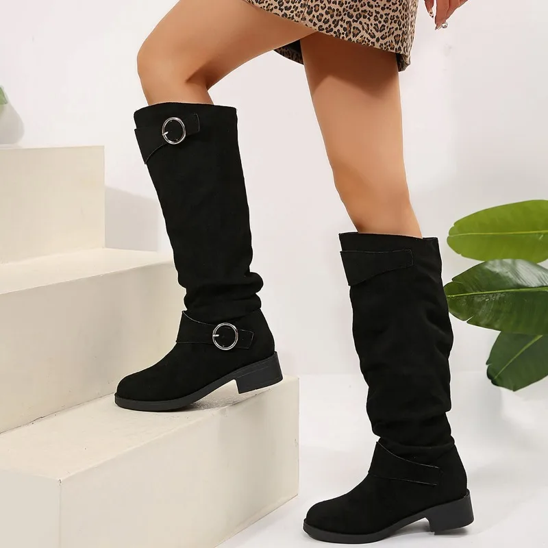 Autumn New Coarse Heel Single Boots Women's Round Head Suede Sleeve Metal Belt Buckle Anti-slip Wear-resistant Boots