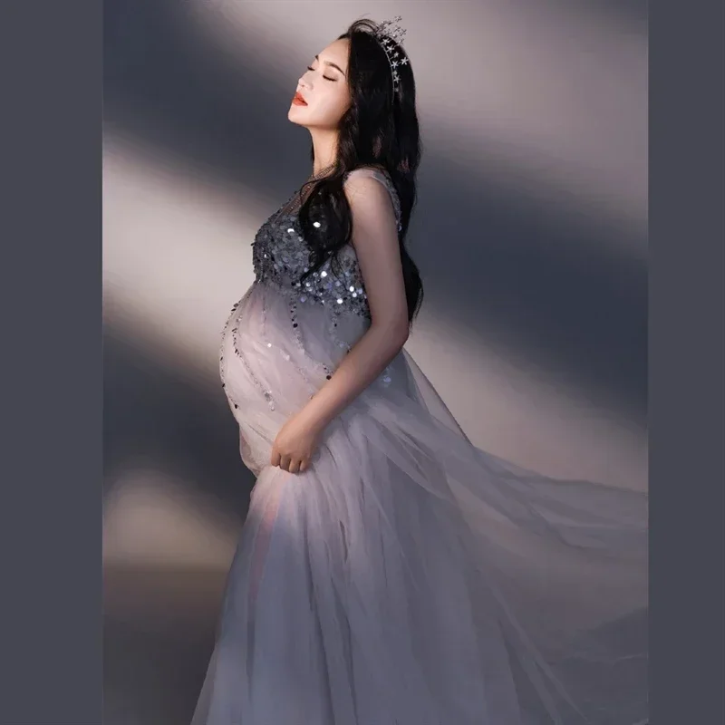 Silver Maternity Photography Dresses Sexy Sequin Beaded Dress Pregnant Women V Neck Sling Dress Baby Shower Maxi Dress