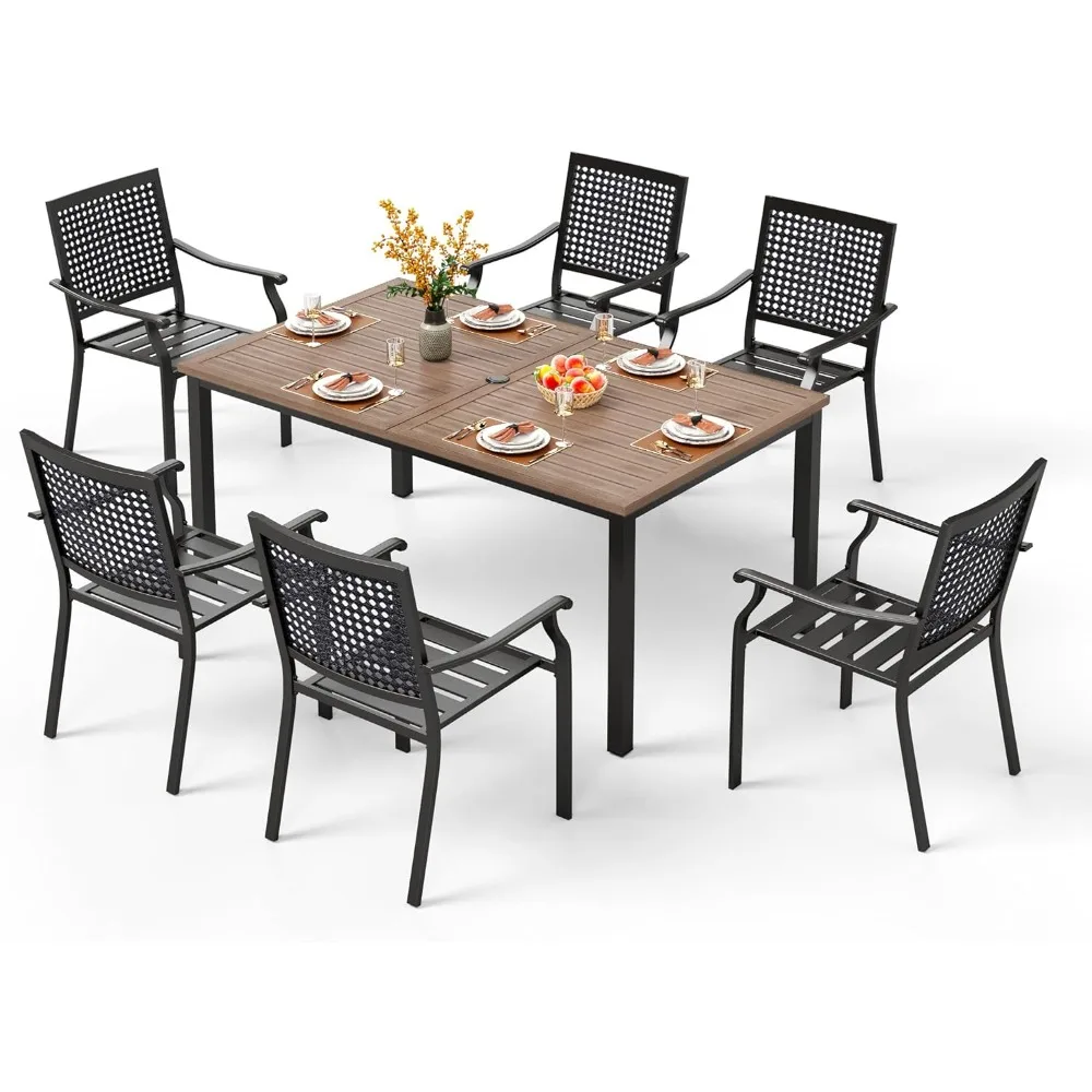 

7 Pieces Patio Dining Set for 6, 65” Wood-Like Metal Steel Dining Table & Stackable Iron Dining Chairs, Large Dining Furniture