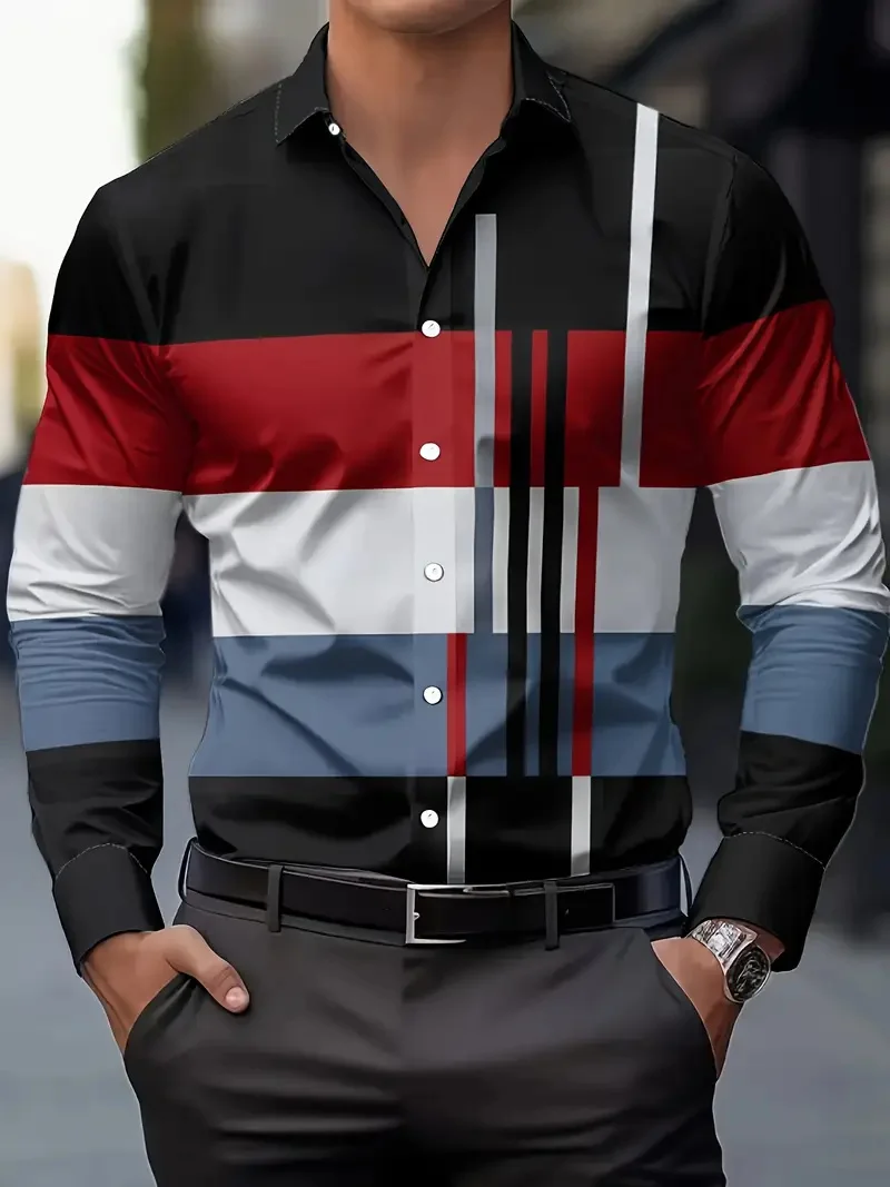 

New Men's Long Sleeve Shirt Striped Pattern 3D Kitten Printed Long Sleeve Flip-over Fashion Holiday Shirt Top