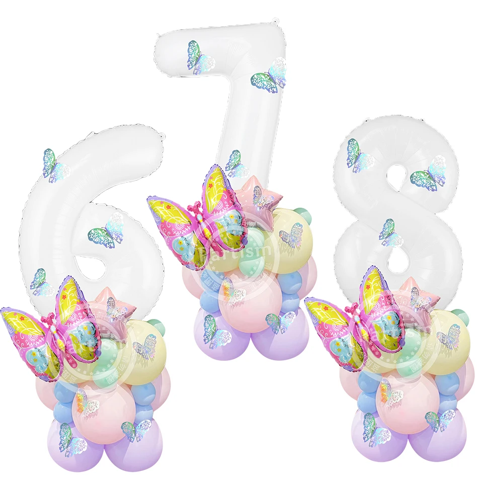 

37pcs Carton Butterfly Balloon Tower with White Foil Number Balloon for Girl's Butterfly Themed Birthday Party Decorations