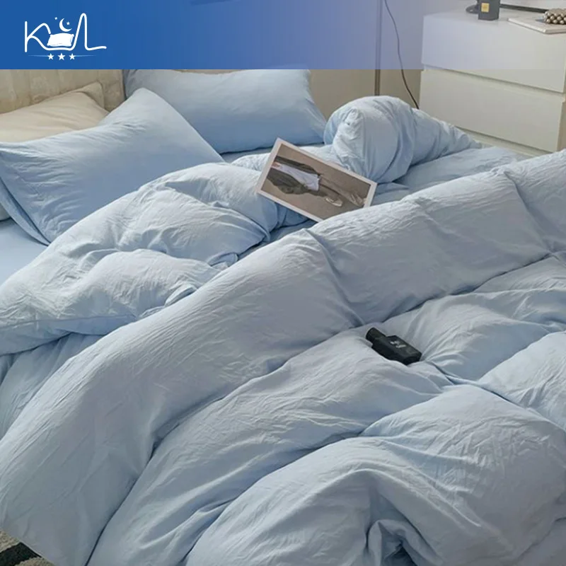 100% Washed Cotton 4 Piece Bedding Set, Solid Color Bed Sheet Duvet Cover Pillowcases, Affordable Soft Bedding