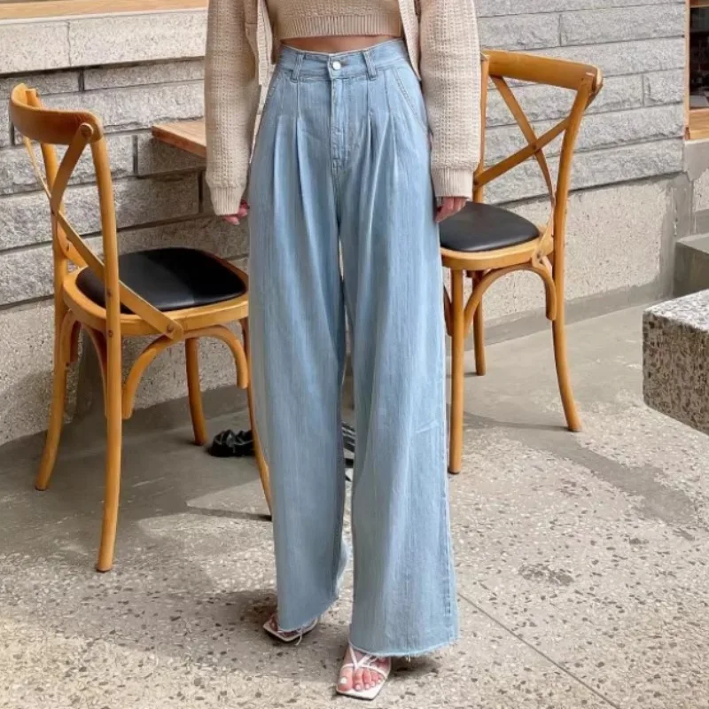 Vintage Blue Wide Leg Jeans Women Denim Tassel High Waisted Loose Pants Ladies Korean Fashion Bottoms Mom jeans baggy