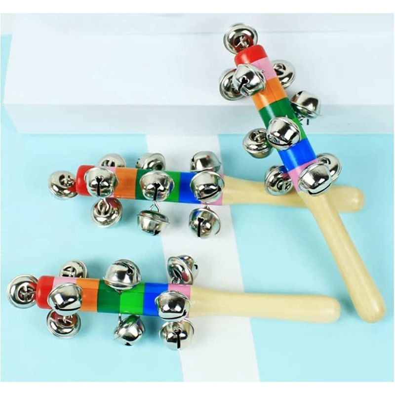 4 ชิ้นมือ Jingle Bells, Rainbow Handle ระฆังไม้ Jingle Stick Shaker Rattle เด็กทารกเด็กดนตรี