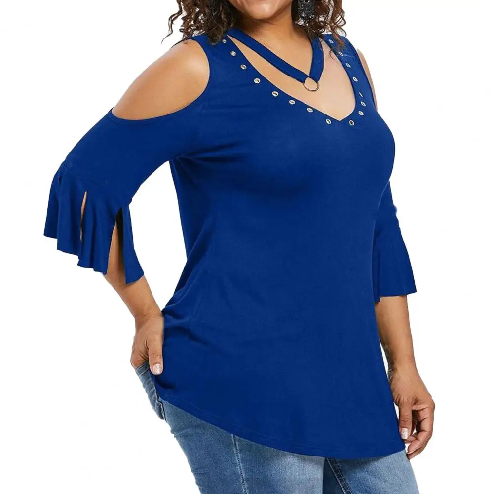 Plus Size Women T-Shirts V-neck Short Sleeve Split Cuffs Basic Top Hollow Out Cold Shoulder Plus Size T-Shirt Female