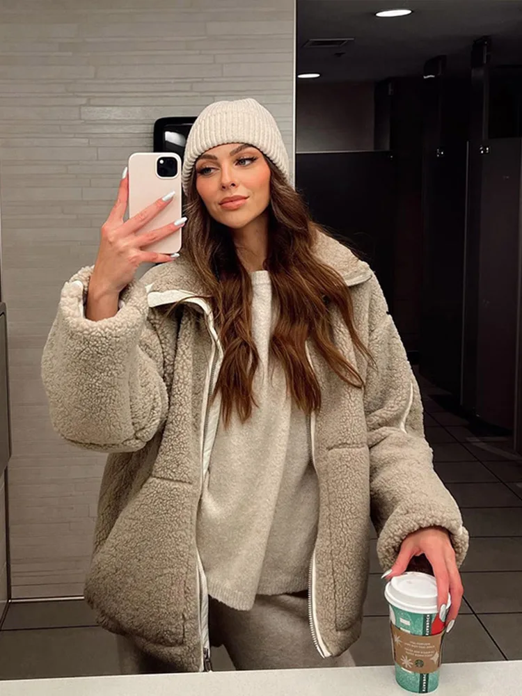 

Casual Oversized Zipper Lamb Wool Coats Women Thickened Warm Stand Collar Jackets Female Autumn Winter Chic Windproof Outwears