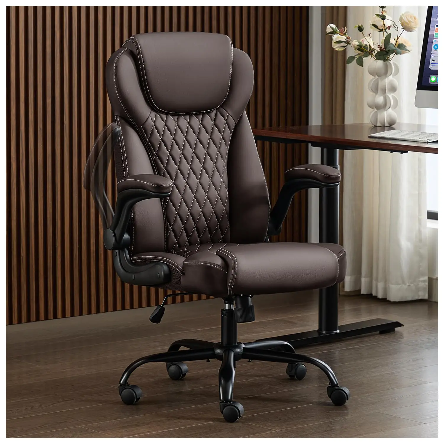 Office Chair, Executive PU Leather Chair, Ergonomic Computer Desk Chair with Lumbar Support and Adjustable Flip-Up, Customized