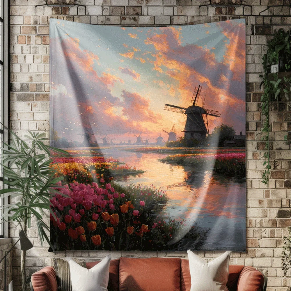 Sunset Windmill Tulips Digital printing polyester wall tapestry suitable for use in living rooms bedrooms offices bars and party