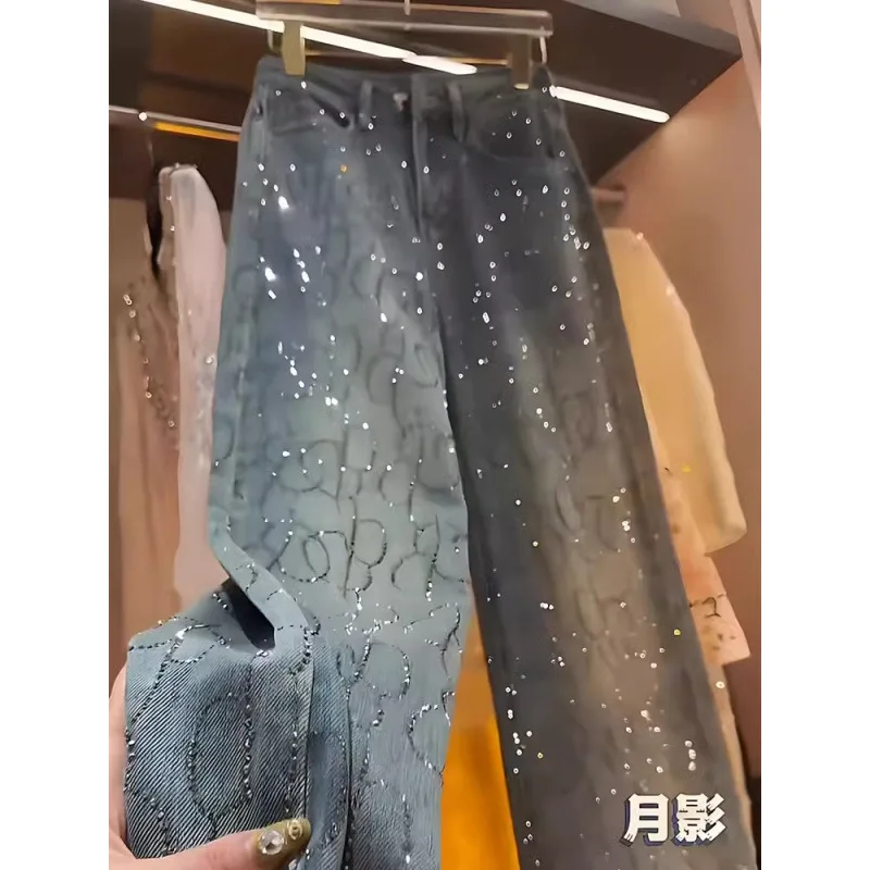 Women's Jeans 2025 New Style Heavy Industry High-end Versatile High-waisted Slim Straight Pants Blue Two-color Hot Diamond Jeans