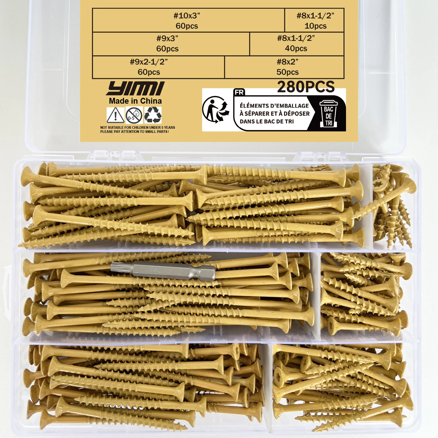 

280 pieces of #8/9/10 wood screws, equipped with storage box, star-shaped flat head rust-resistant epoxy-coated bronze head scre