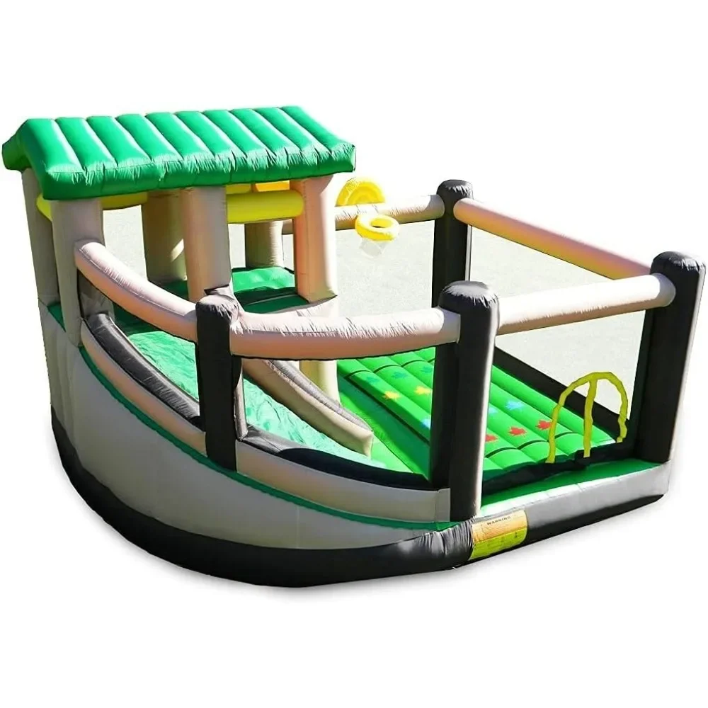 Recreational Kids Bounce House with Fort Area, Climbing Wall, Basketball, Soccer Shot, Curved Slide & Twist & Tangle Game