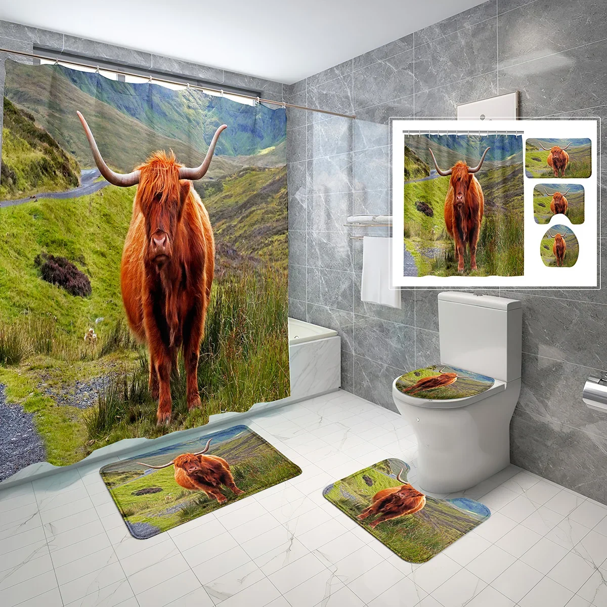 4-Piece Set Highland Cattle Shower Curtain with Non-Slip Bath Mat,Toilet Lid Cover Waterproof Farmhouse Cow Bull Shower Curtain