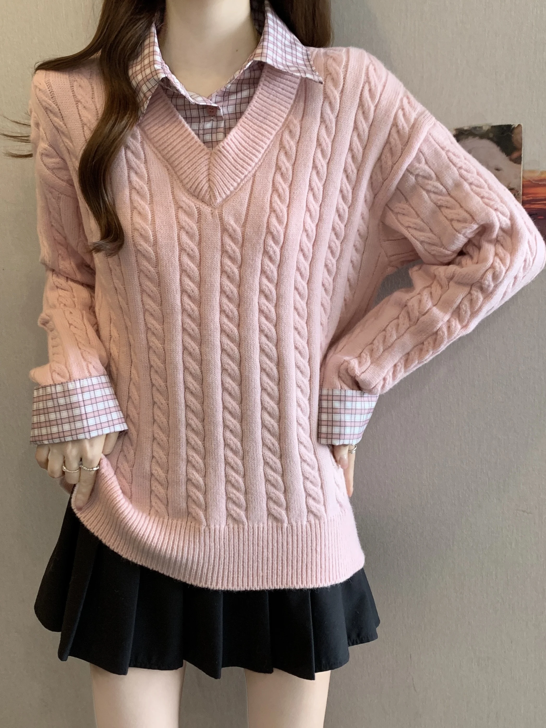 

plus Size Knitted Shirt Collar Inner Wear Long Sleeve Fake Two-Piece Autumn Winter Slimming Top Korean Style Commute Fas...