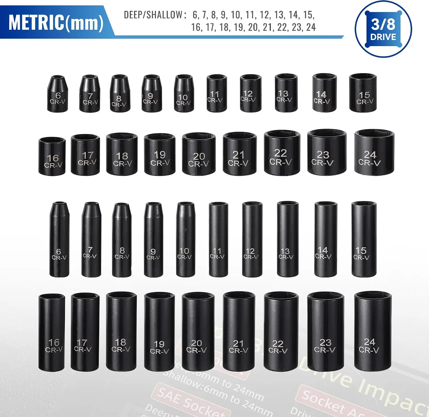 64 Piece 3 8 Inch Drive Socket Set SAE 5 16 1 Inch Metric 6mm 24mm Deep Shallow 72 Tooth Ratchet Wrench Extension Bars 1 2 F To